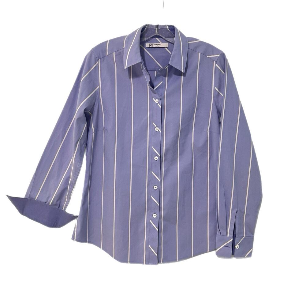 Foxcroft Non Iron Button Down Shirt Womens 8 Purple Striped Flip Cuffs